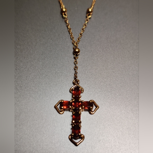Elegant Garnet Glass Cross Necklace 14K Gold Over Silver 925 - Picture 9 of 13